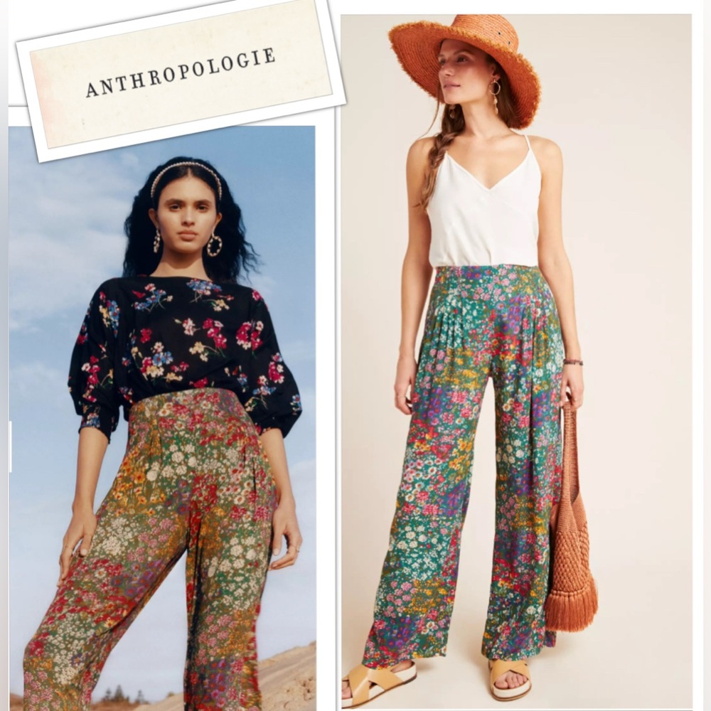 Anthropologie Floral Wide-Leg Pants - Green Multi